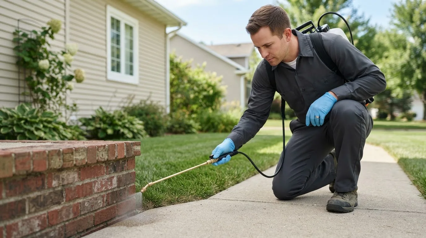 Pest control technician treating a home near Commercial Point, OH