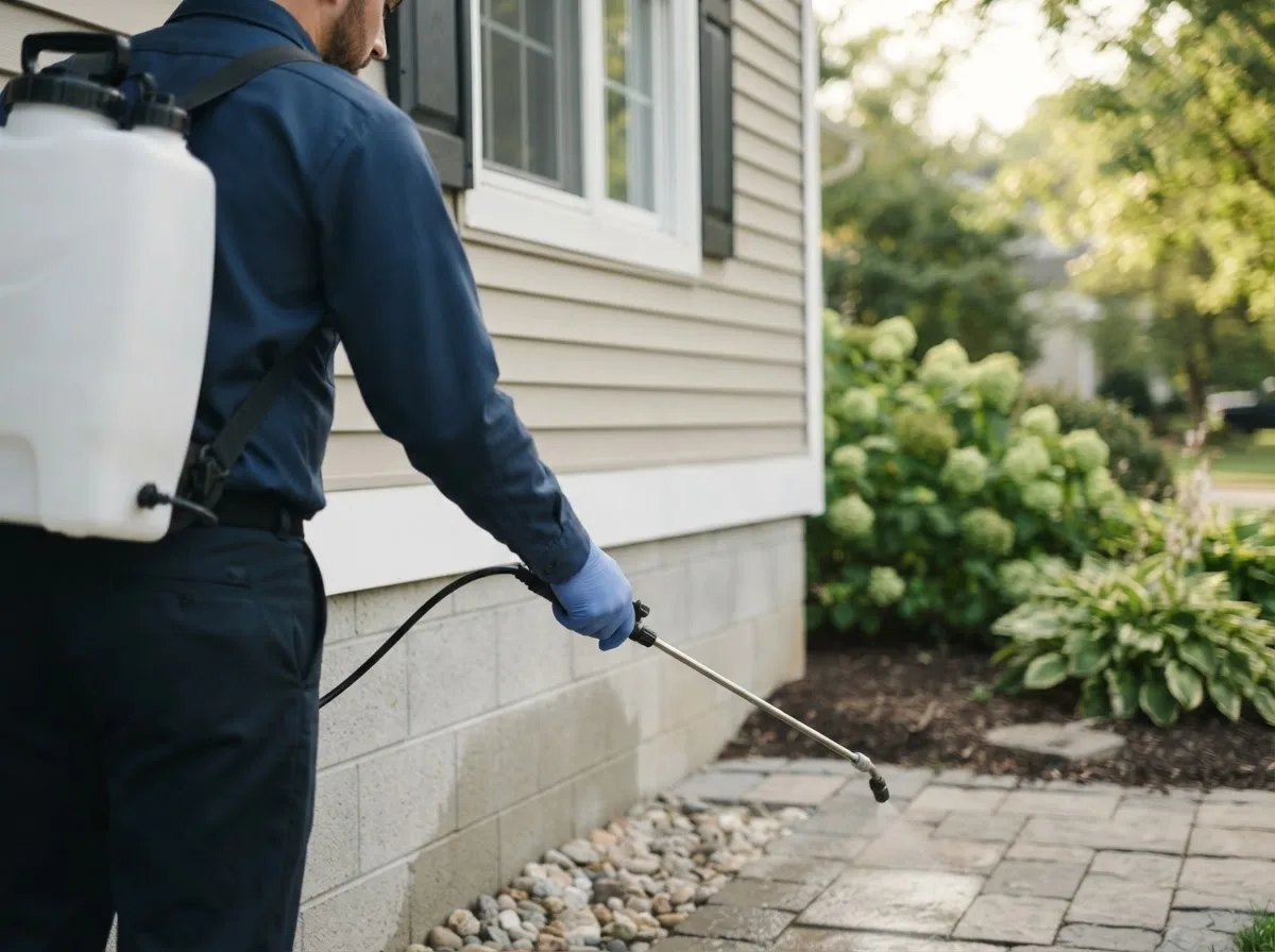 Pest control technician inspecting a home in Commercial Point, OH